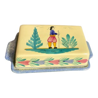 1930s Henriot Quimper French Faience Soleil Yellow Rectangular Covered Butter Dish For Sale