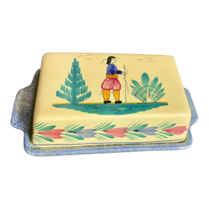 1930s Henriot Quimper French Faience Soleil Yellow Rectangular Covered Butter Dish