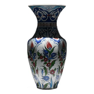Handmade Ceramic Vase (25cm) Traditional Turkish Floral Art – Faceted Hexagonal Body with Cobalt Blue Rumi Motifs For Sale