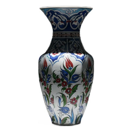Handmade Ceramic Vase (25cm) Traditional Turkish Floral Art – Faceted Hexagonal Body with Cobalt Blue Rumi Motifs For Sale