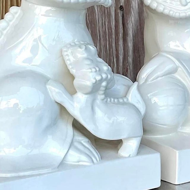Off-white Late 20th Century Vintage Asian Glazed Ceramic Foo Dogs - a Pair For Sale - Image 8 of 14