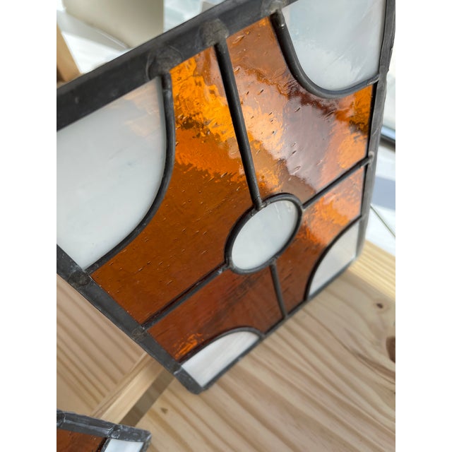 Pair of Vintage Amber and White Stained Glass Window Panels For Sale In Seattle - Image 6 of 10