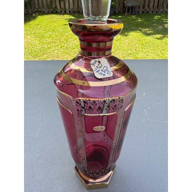 Early 1900s Moser Bohemian Cranberry Paneled Cabochon 24k Gold Decanter Set For Sale - Image 9 of 17