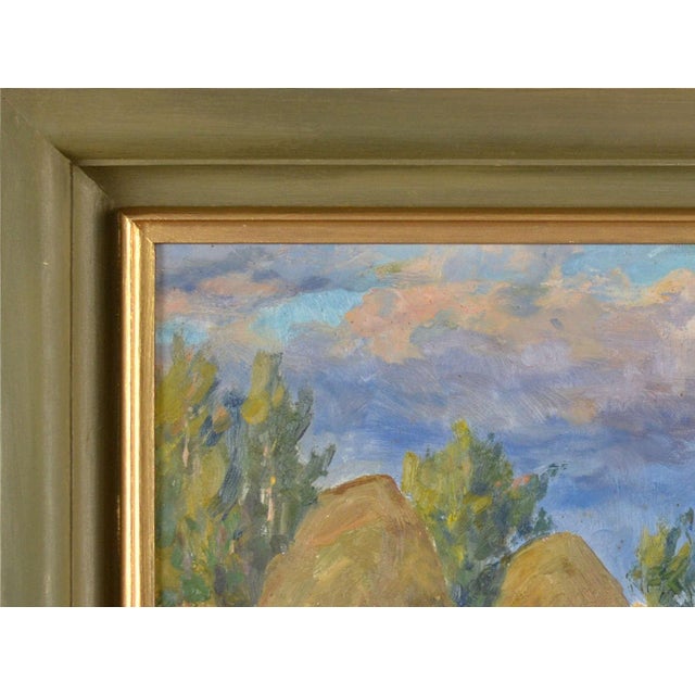 Arnolds Pankoks, Landscape with Hay Stacks, 1950s, Oil on Cardboard, Framed, in Good conditions. Designed 1950 to 1959...