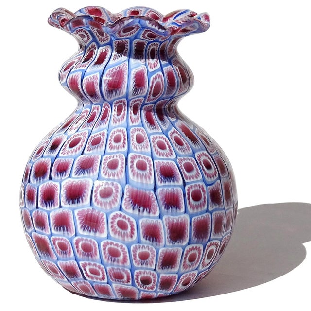 Glass Vintage Murano Fratelli Toso Amethyst Pink Blue White Millefiori Flower Mosaic Italian Art Glass Bud Vase For Sale - Image 7 of 9