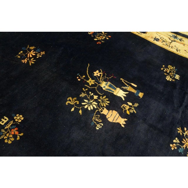 Textile Exceptional Navy Blue Background and Light-Yellow Border With Floral Design Antique Chinese Rug For Sale - Image 7 of 9
