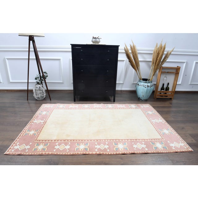 Pink 1970s Vintage Turkish Handmade Wool Cotton Pink Beige Area Rug For Sale - Image 8 of 11