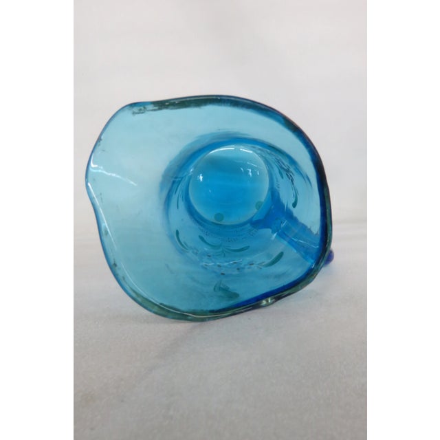 Mid 20th Century Tall Hand Blown Glass Blue and Hand Painted Flowers Pitcher For Sale - Image 5 of 13