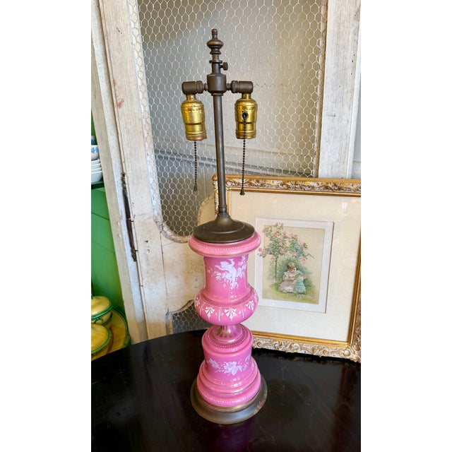 Divine Antique Mary Gregory Pink Opaline Table Lamp Rare Pink Opaline Victorian Era Vase converted Lamp, hand painted by...