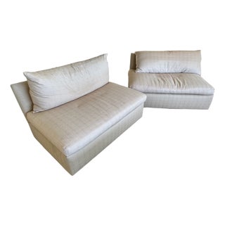 Pair Armless Loveseats Down Cushions Circa 1970s For Sale