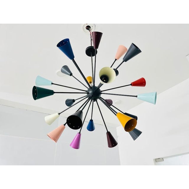 Mid Century Modern Multicolor Sputnik Chandelier, Large Colorful Cone Shade Pendant Light, Stilnovo Style Ceiling Fixture For Sale - Image 4 of 8