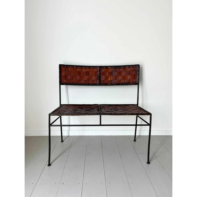 Rustic Cognac Leather and Iron Frame Bench, 1970 For Sale - Image 3 of 13
