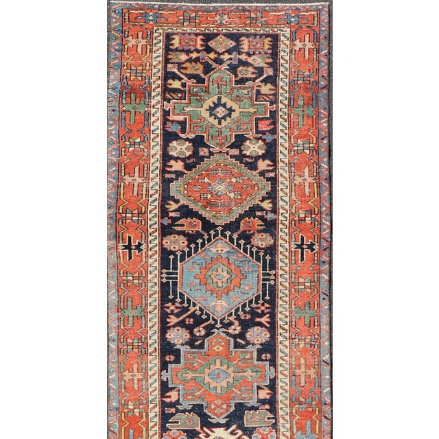 Ink Blue Antique Heriz Serapi Runner With Colorful Highly Stylized Medallion Design For Sale - Image 8 of 13