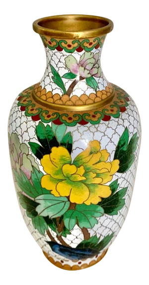 Mid Century Cloisonné White Vase With Yellow Flowers - Small Chip