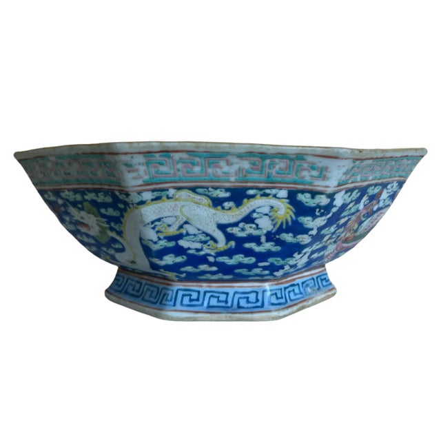 8.5W x 3.125H in Beautiful Chinese Octagonal Ceramic Bowl With Dragon And Phoenix Design. Fabulous cool blue and turquoise...
