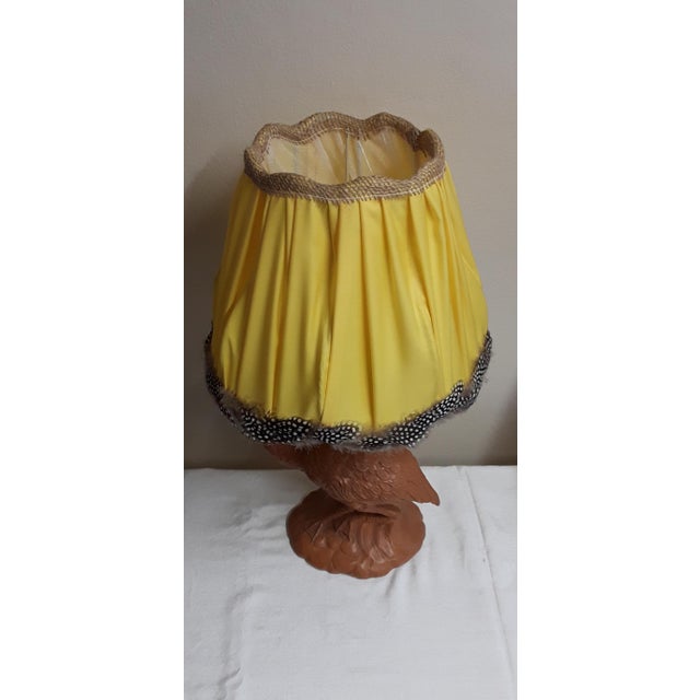 Vintage Table Lamp with Figurative Ceramic Foot, Dwarf Flamingo and Yellow Fabric Screen with a Feather, 1970s For Sale - Image 4 of 9