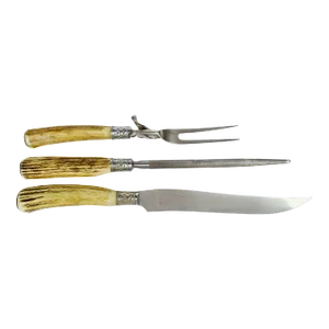 Mid 20th Century Steel and Natural Stag Antler Handles Serving Cutlery Carving Set - 3 Pieces