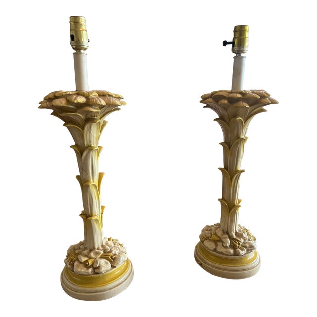 Pair of Vintage Hollywood Regency "Manner of Serge Roche" Plaster Palm Tree Table Lamps For Sale
