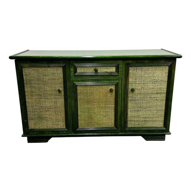 Vintage Green Lacquered Sideboard with Woven Cane Panels, Italy, 1980s For Sale
