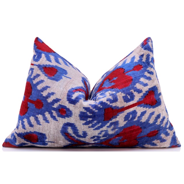 2020s Blue Red Ikat Velvet Lumbar Pillow 16x24 | Handmade Luxury Accent For Sale - Image 5 of 7