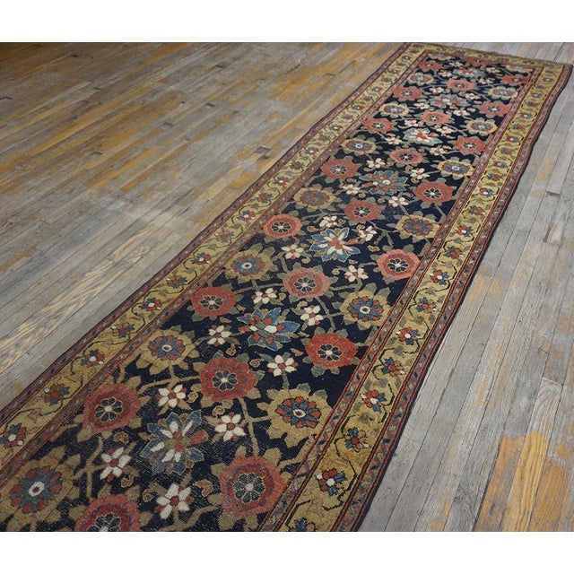 Persian 1870s Blue Navy Floral Antique Persian Kurdish Rug 3'4" X 15'9" Handknotted Wool Carpet For Sale - Image 3 of 6