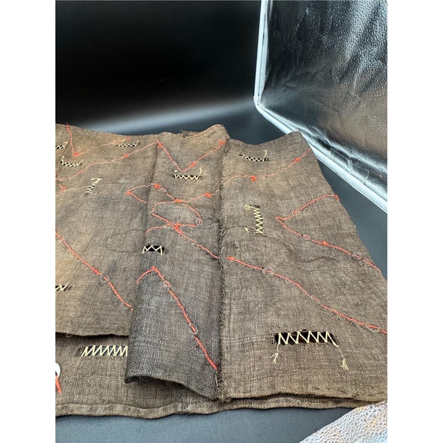 Textile Vintage African Kuba Mud Cloth With Cowrie Shells and Orange Seed Beads in a Geometric Design For Sale - Image 7 of 14