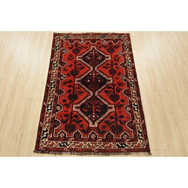 Cabin Shiraz Rug 3’5” X 4’11” Red Wool Vintage Tribal Hand-Knotted Oriental Carpet For Sale - Image 3 of 13
