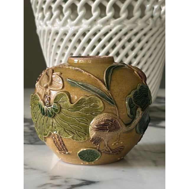 Antique Chinese Mustard Glazed Pottery Lotus & Crane Relief Vase / Ginger Jar For Sale - Image 14 of 16
