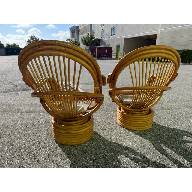 Vintage Rattan Swivel Rocker Lounge Chairs and One Ottoman Set For Sale In West Palm - Image 6 of 18