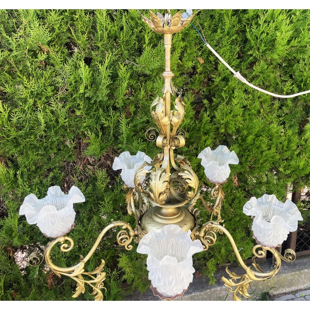 Antique Brass, Copper, and Glass 5-Arm Chandelier, 1900s For Sale - Image 16 of 18