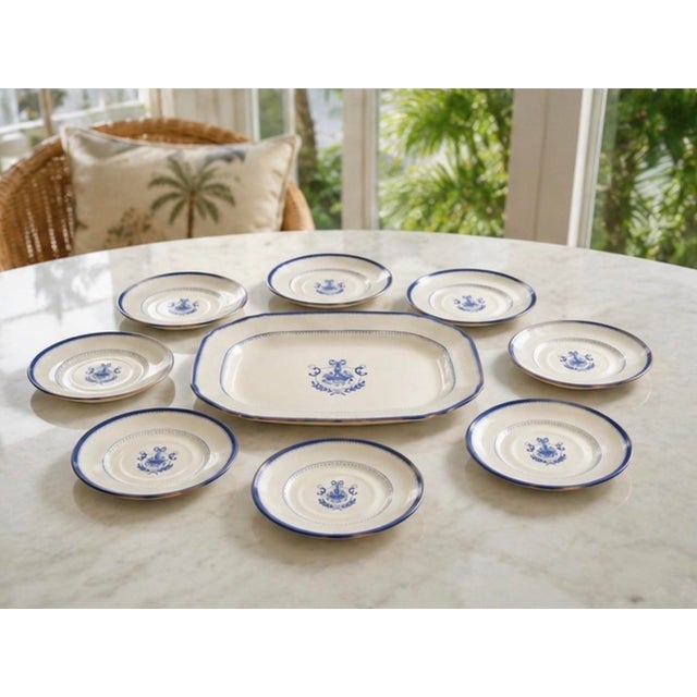 Vintage Neoclassical Cobalt Blue & White Porcelain Serving Set - Platter & 8 Dessert Plates - 9 Pieces For Sale - Image 10 of 12