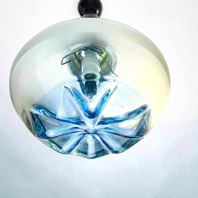 Mid-Century Modern Agua Blue Art Glass Pendant Light in Teak, 1960s For Sale - Image 9 of 11