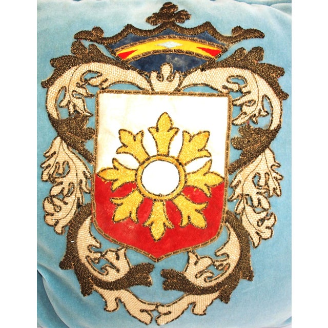 Pair of Pillows With Vintage Metal Brocade 19th Century Coat of Arms For Sale - Image 4 of 9