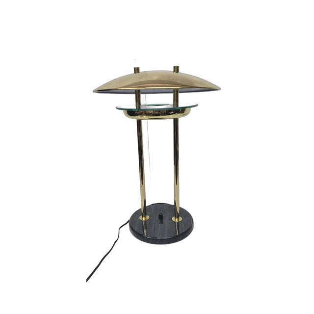 1980s Vintage Post Modern Flying Saucer Style Gold Chrome Marble Base Table Lamp For Sale - Image 5 of 12