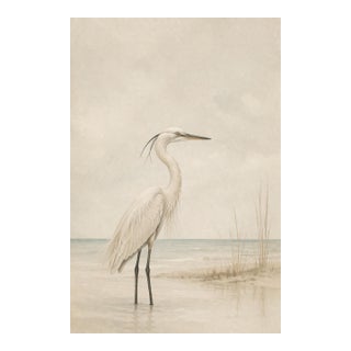 White Egret Coastal Study, Minimalist Bird Wall Art Print, 24″ × 36″ For Sale