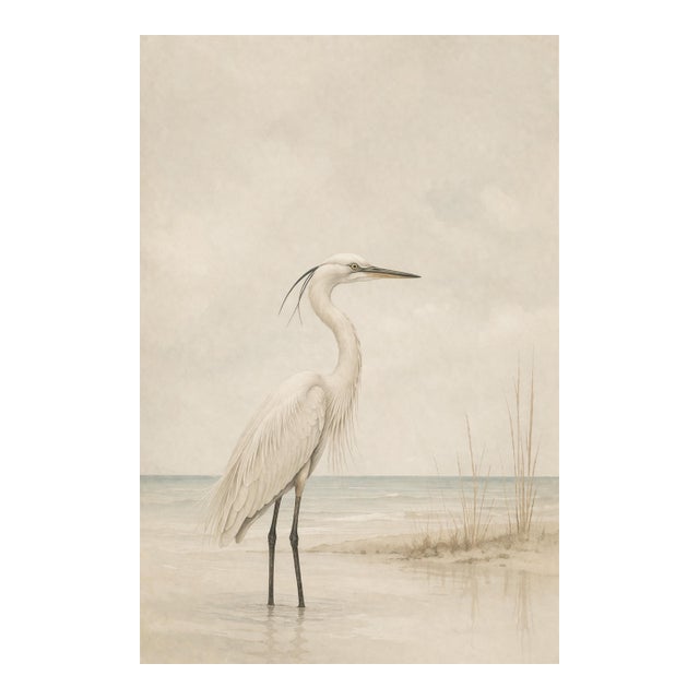 White Egret Coastal Study, Minimalist Bird Wall Art Print, 24″ × 36″ For Sale