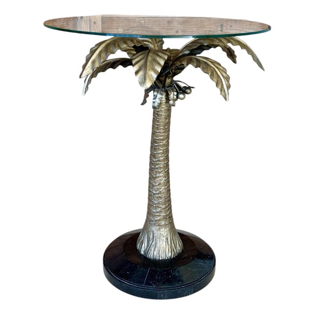 Vintage Regency Marge Carson Gilt Palm Tree Table With Marble Base and Glass Top For Sale