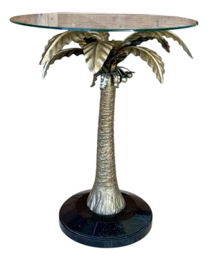 Vintage Regency Marge Carson Gilt Palm Tree Table With Marble Base and Glass Top