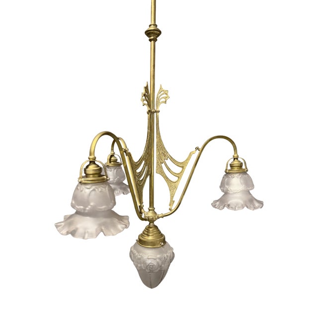 Vintage Art Nouveau Ceiling Lamp with Glass Shades, France, 1910s For Sale