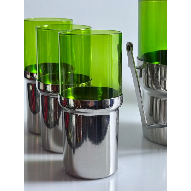 1970s Glass and Stainless Steel Ice Bucket and Glasses from Pran, Italy, 1970s, Set of 6 For Sale - Image 5 of 14