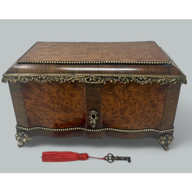 French Antique Bronze Burl Walnut French Jewelry Sewing Casket Silk Lined Interior 19c For Sale - Image 3 of 8