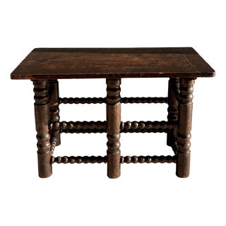Antique Six-Legged Oak Console Table with Bobbin-Turned Legs and Stretchers attributed to Charles Dudouyt, 1940s For Sale