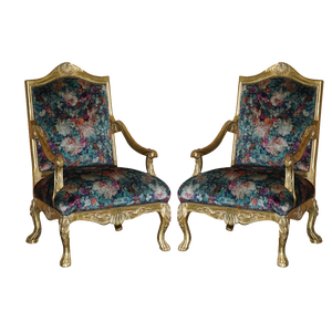 French Louis XV Fauteuils Armchairs in Giltwood Framed, Set of 2