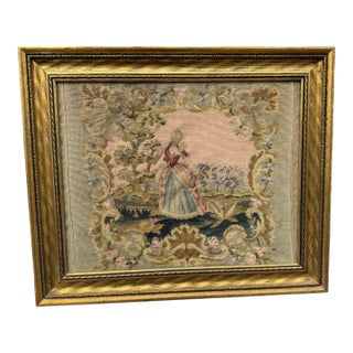Antique Victorian Gilt Framed Scenic Landscape Needlepoint Tapestry With Girl For Sale