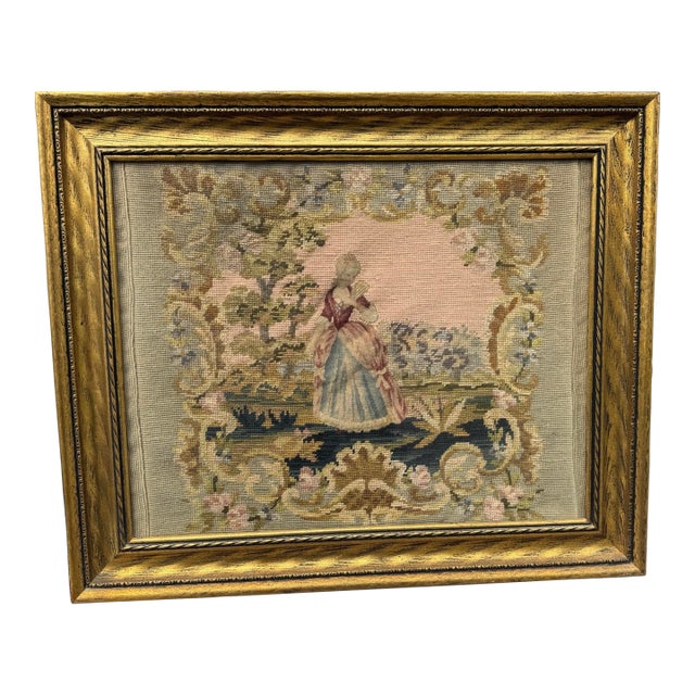 Antique Victorian Gilt Framed Scenic Landscape Needlepoint Tapestry With Girl For Sale