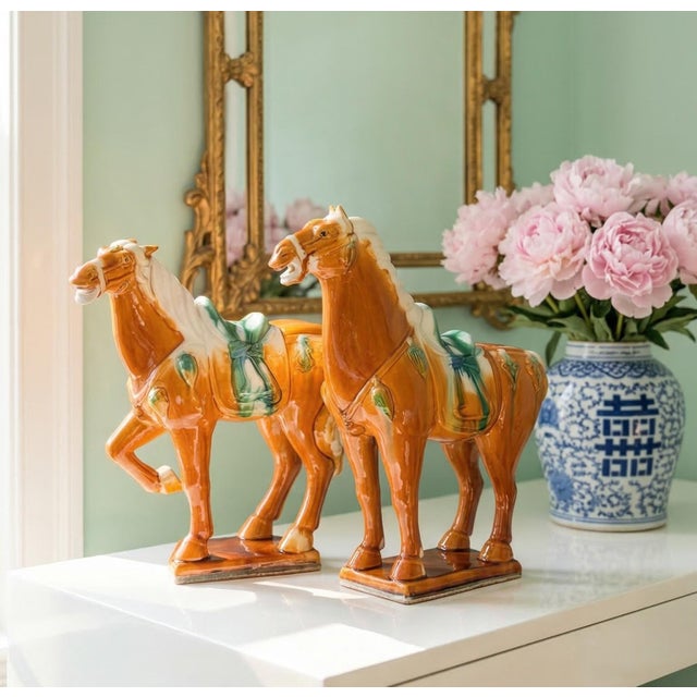 Art Deco Vintage Pair of Tang Ceramic Horse Statues 14.5 Inch Tall Chinoiserie Statement Decor For Sale - Image 3 of 16