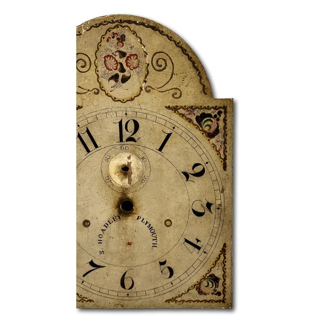 Antique American Hand Painted Wood Grandfather Clock Dial by Connecticut Maker Silas Hoadley - Circa Very Early 1800s For Sale - Image 12 of 18