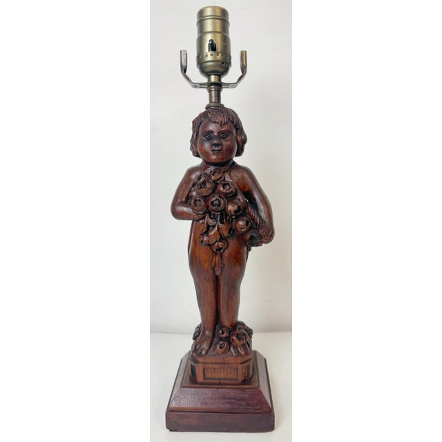 Rustic Black Forrest Art Deco Carved Cherub Presenting Bouquet of Flowers Lamp, C.1925 For Sale - Image 3 of 10