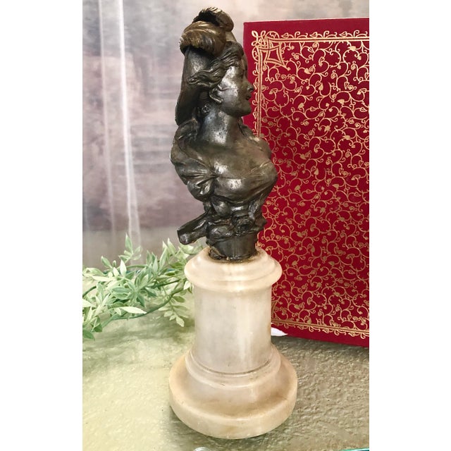 Metal Antique Spelter Art Nouveau Bust on Alabaster For Sale - Image 7 of 11
