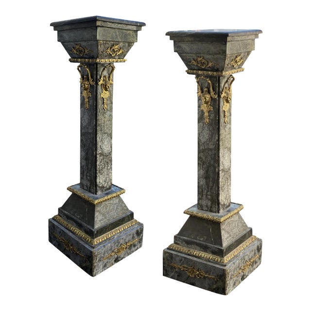 Antique Neoclassical Italian Black Marble and Gilt Pedestals - a Pair For Sale